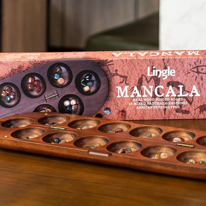 Deluxe Mancala Board Game Set - Real Wood Hinged Folding Board with 48 Mixed Natural Gemstones, Authentic African Petroglyphs, Foldable Design for 2-Player Strategy Game, Portable Game