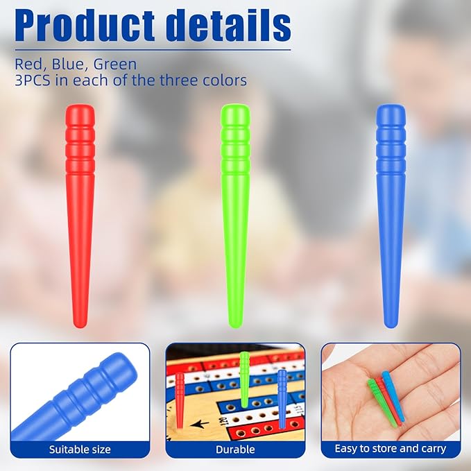 9PCS Plastic Replacement Cribbage Pegs, Cribbage Board Pins/Cribbage Board Pegs, 1/8 Inch Holes Cribbage Pins Accessories for Traditional Cribbage Board Game (Red, Blue, Green)