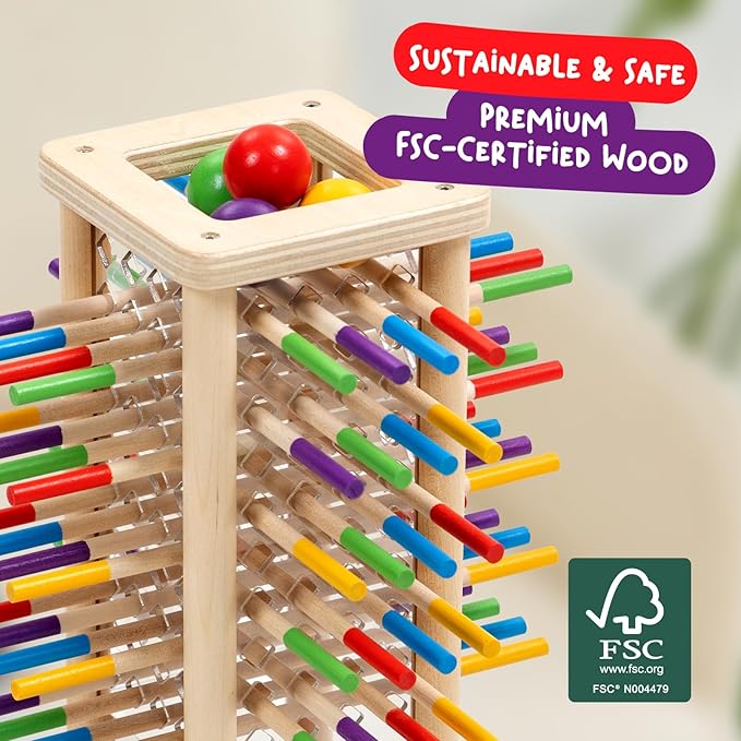 Nene Toys BALLFALL - Montessori Wooden Board Game for Kids Ages 3-9 – Educational Toy for Fine Motor Skills & Logical Thinking – Classic Family Tower Game with Colorful Sticks, Dice & Cards
