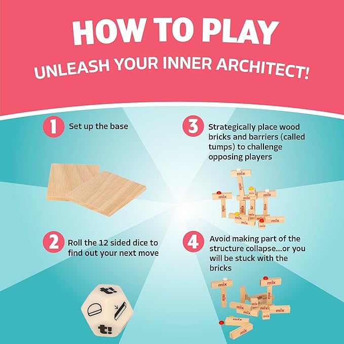 Mix - Wooden Block Stacking Tower Game – Fun Party Game & Family Board Game for Kids, Teens, & Adults – STEM Educational Game