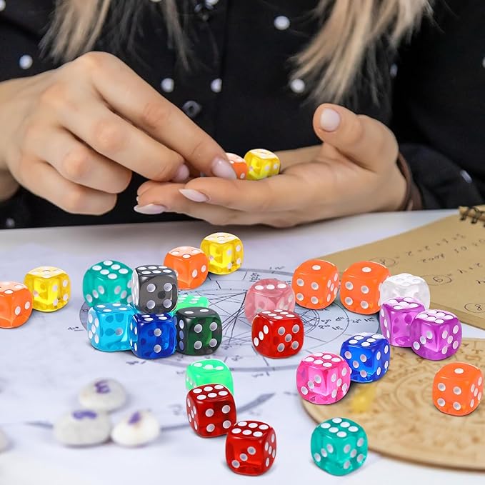 TecUnite 25 Pieces Colored Dice 6 Sided Dice Set, 6 Sided Standard Dices with Black Drawstring Storage Bag for Board Games, Parties, Math Learning, Classroom(Rainbow Color,6 Sides)