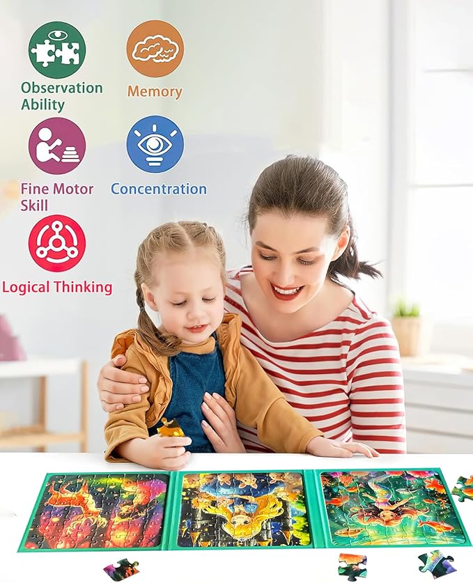 Magnetic Puzzles for Toddlers 4-6 Girls, Mermaid Princess Travel Puzzles for Kids Ages 3-5, 3 in 1 Dinosaurs Magnet Jigsaw Puzzle Book, Preschool Learning Toy for Kids 4-8 Year (Princess)
