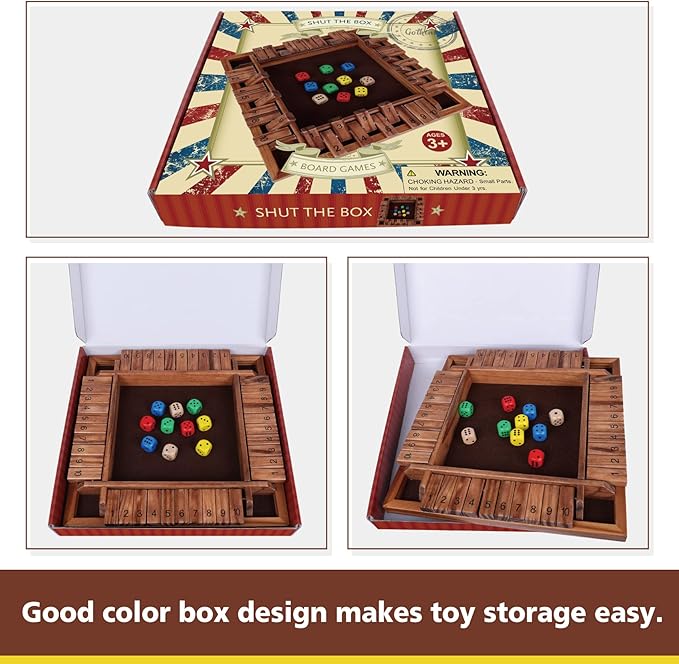 GOTHINK Shut The Box Dice Game, 2-4 Player 11.5-inch Wooden Board Table Math Game with 10 Dices - Math & Decision Skills for Adults/Kids, Perfect for Home Class Parties & Pubs - Classic Tabletop Fun