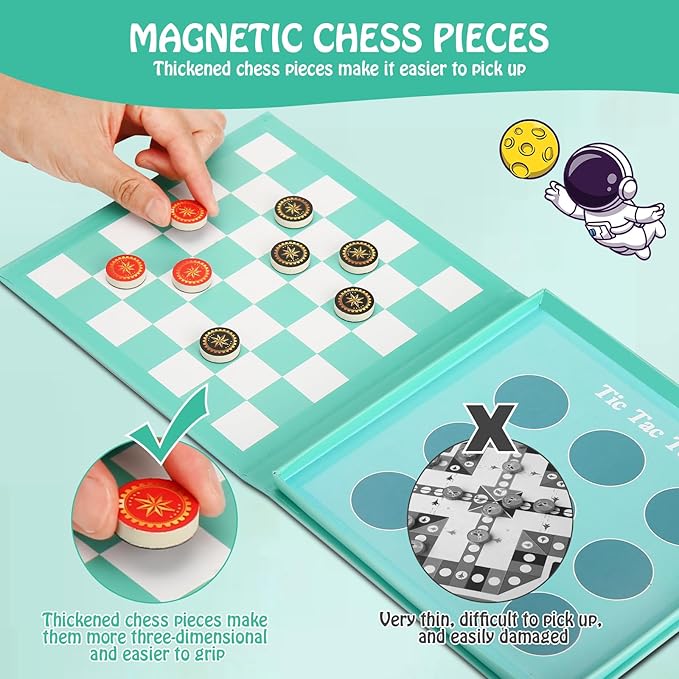 Checkers Board Game for Kids 4-12, 2 in 1 Magnetic Checkers and Tic-Tac-Toe Sets Travel Toys Travel Games, Ideal Gifts for Young Kids 4 5 6 7 8 9