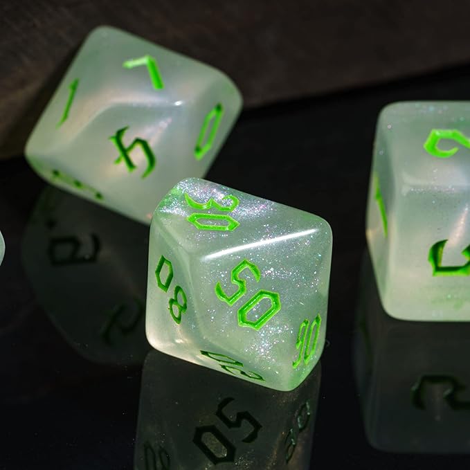 7-Die DND Dice Set Polyhedral Dice Set with a Leather Dice Bag, D&D Dice Set for Dungeons and Dragons, RPG, MTG Table Games (White/Glitter)