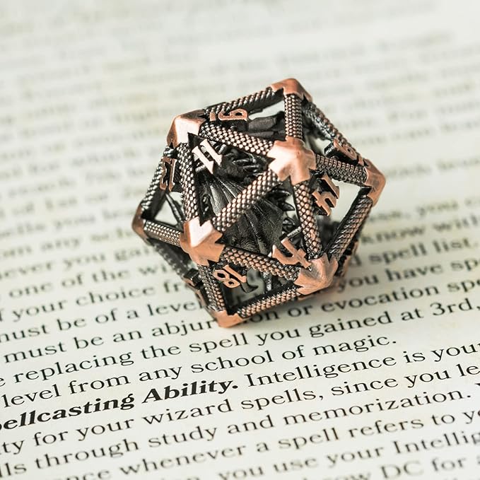 UDIXI 22mm D20 Metal Dice, Single D20 DND Dice, Hollow Dragon Design Polyhedral Dice D&D for Dungeons and Dragons, Role Playing Game Pathfinder(Ancient Copper)