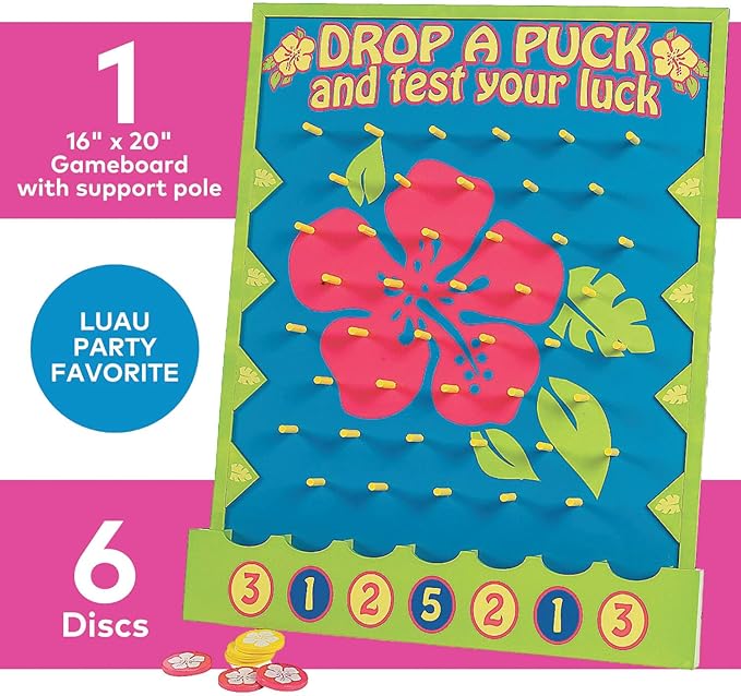 Fun Express 16" x 20" Tropical Luau Multicolor Wood Tabletop Disc Drop Game - 8 Pieces in Set - Great for Vacation Bible School, Birthday Parties and Luaus