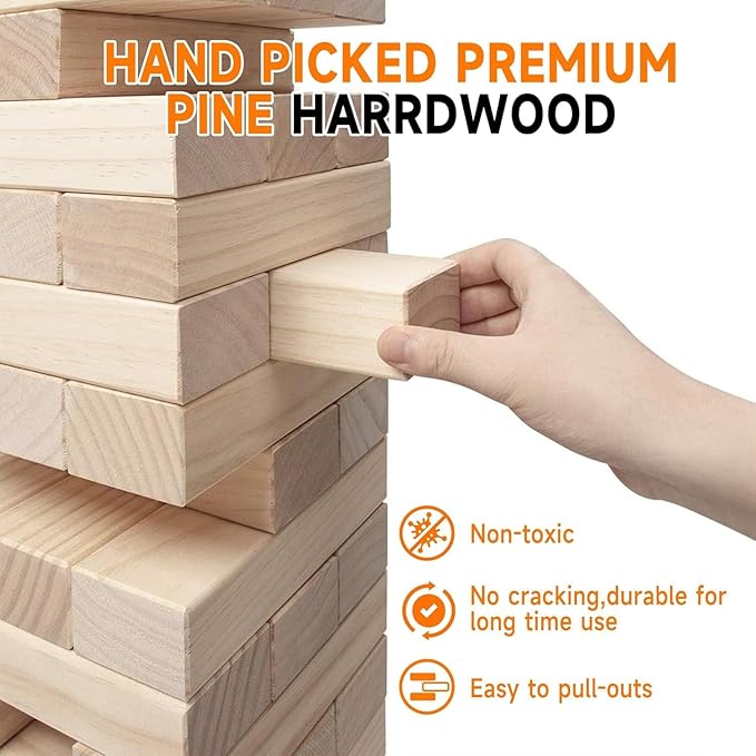 Nattork Giant Tumbling Tower (Stack from 2.16Ft to 5+ Ft), Wood Stacking Giant Blocks Game| Made from Premium Pine Wood| Ideal for Family, 54PCS