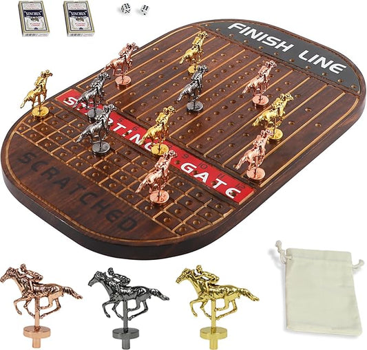Horse Race Board Game Thickened Wood Finish Line Horse Racing Game Gambling for 2-11 Players Included 11 Metal Horses,2 Dices and 2 Decks of Cards（Oval,Vintage Flame）