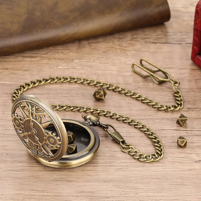 Mini DND Dice Set with Bronze Steampunk Hollow Pocket Watch Shell Case, 7pcs Polyhedral Metal D&D Dice Set, DND Gifts with Gift Box, Role Playing Board Games DND Accessories