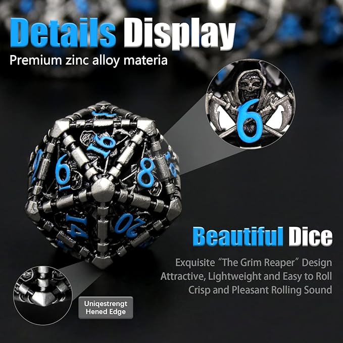 ZHOORQI DND Dice Set for Dungeons and Dragons, 7 Pcs/Set Grim Reaper Metal Dice Set Polyhedral RPG D&D Dice for DND Gifts（S-Blue Number）