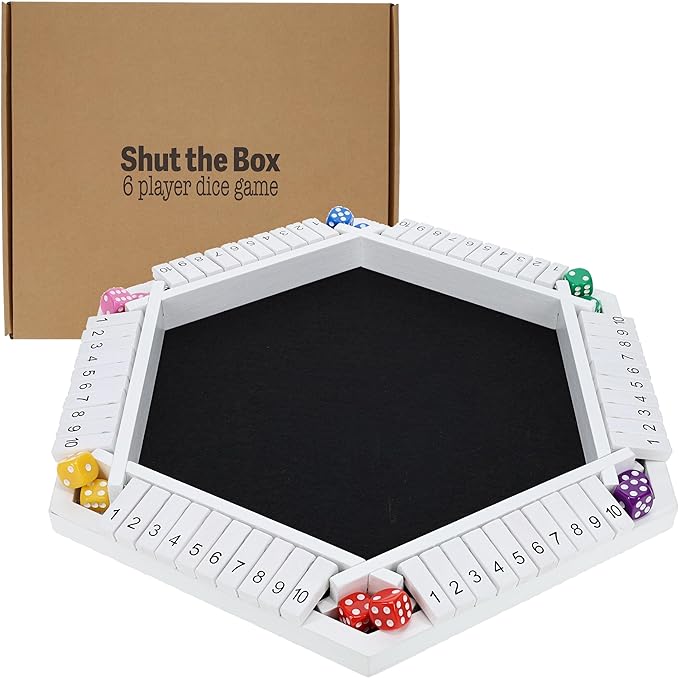 Shut The Box Game 6 Player – White Painted Wood, Wooden Board Game, Table Games for Adults, Bar Games, Portable Dice Game for 1-6 Players, Classic