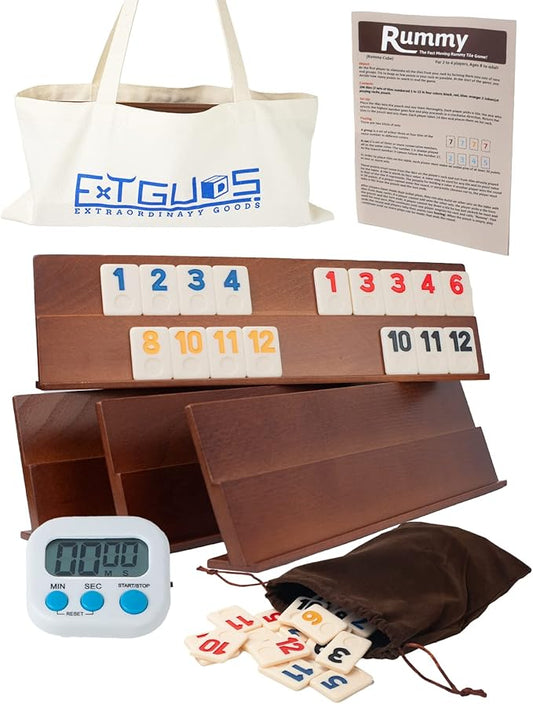 Extguds Deluxe Rummy Cube Game Set, 106 Tiles Rummy Cube Game,Classic Wooden Rummy Game,with 4 Handmade Wooden Racks, Portable Canvas Bag, Rummy Tiles Travel Set for Family Classic Board Games