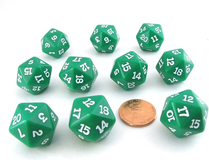 Koplow Games Set of 10 Twenty Sided 19mm D20 Opaque RPG Dice - Green with White Numbers Die