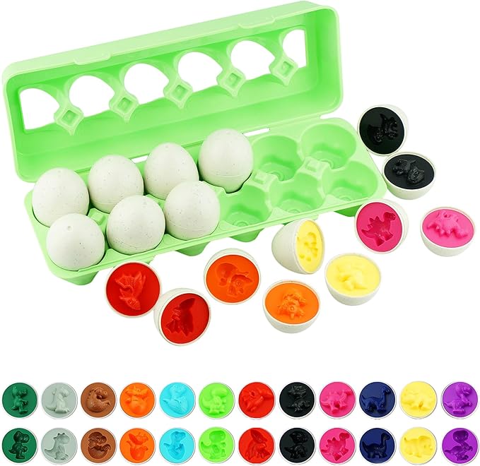 Dimple 12 Dinosaur Egg Matching Toy Play Matching Eggs Easter Toy w/Holder - Egg Toys for Toddlers STEM Egg Toys - Colors & Shapes Recognition for Kids -Educational Color Sorting Toy