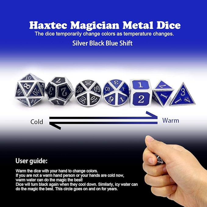 Haxtec Heat Sensitive Metal DND Dice Set Color Changing Metal Dice Temperature Polyhedral D&D Dice for RPG Dungeons and Dragons-Silver Black Blue Shift