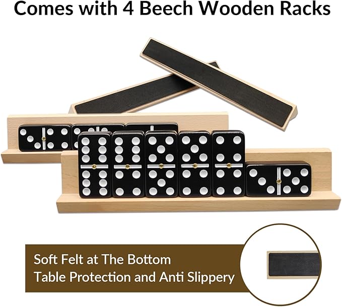 Dominoes Set for Adults with 4 Wooden Racks/Trays, Double Six Dominoes Travel Set with Portable Case Double 6 Dominoes Set with 4 Tiles Holders, 28 Tiles Dominos Set for Family Board Games - Black
