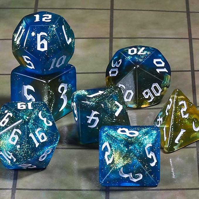 CiaraQ DND Polyhedral Dice Set for Dungeons and Dragons RPG MTG Role Playing Table Games-with 1 Dice Pouch (Blue + Yellow + Glitter)