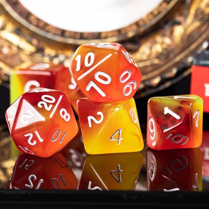 7-Die DND Dice Set Polyhedral Dice Set with a Leather Dice Bag, D&D Dice Set for Dungeons and Dragons, RPG, MTG Table Games (T/Red Yellow)