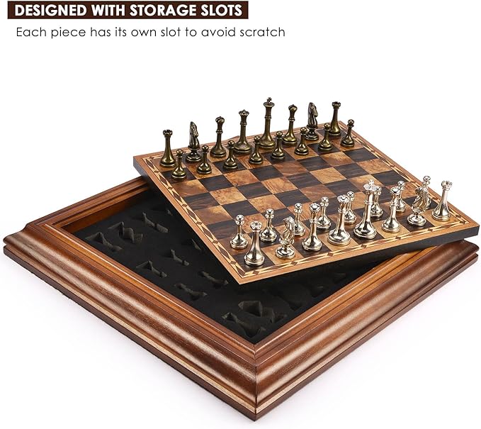 AMEROUS 14 inches Wooden Chess Set with Metal Chess Pieces / 2.5'' King/Storage for Chessmen/Gift Package/Instructions/Classic Board Game