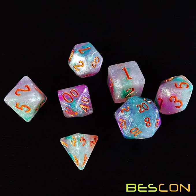 Bescon Magical Stone Dice Set Series, 7pcs Polyhedral RPG Dice Set Fairy Spirit, Polybag Packing