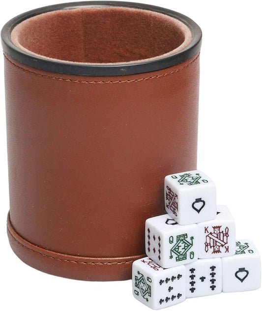 Leatherette Dice Cup with Poker Dice, Felt Lining Quiet Shaker for Playing Yahtzee/Farkle/Liars Dice,