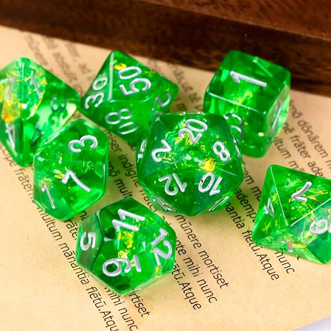 UDIXI Resin Polyhedral DND Dice Set, 7die RPG D&D Dice for Dungeons and Dragons, Pathfinder, Board Games (Green with Silver Numbers)