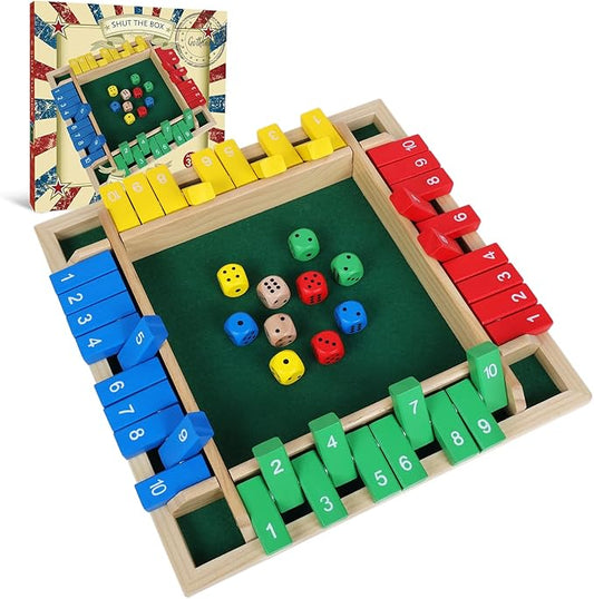 GOTHINK Shut The Box Dice Game, 2-4 Player 11.5-inch Wooden Board Table Math Game with 10 Dices - Math & Decision Skills for Adults/Kids, Perfect for Home Class Parties & Pubs - Classic Tabletop Fun