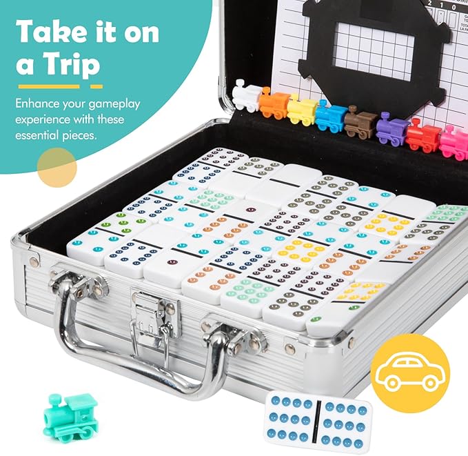 DAILYLIFE Mexican Train Dominoes Set, Double 12 Dominoes Set with Portable Case, 91 Tiles Colored Dominos Set for Adults, Mexican Train Games for Family Night, Travel, Party