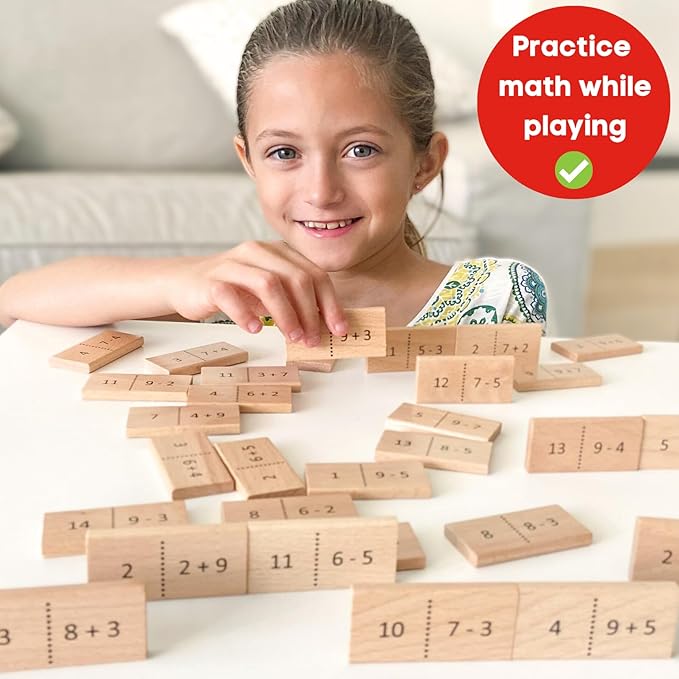 Math Domino Game for 1st & 2nd Grade | Wooden Algebra Dominoes Plus/Minus | Educational Learning Toy for Kids 6+ | Classroom, Homeschool & Teaching Supplies