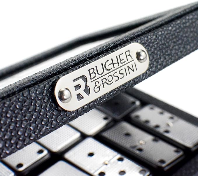 Bucher&Rossini Metal Surface Dominoes Set Double 6 - Claasic Black Domino's Game Set with Silver Metal Surface for Adults and Kids Ideal Gift for Domino Players or Family Game Night