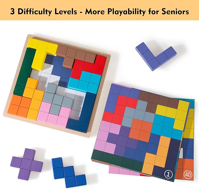 Dementia Products for Elderly, Wooden Tiles Matching Game with 40 Templates, Dementia Activities for Seniors, Easy Memory Games for Alzheimer's, Large Puzzle Pattern Blocks