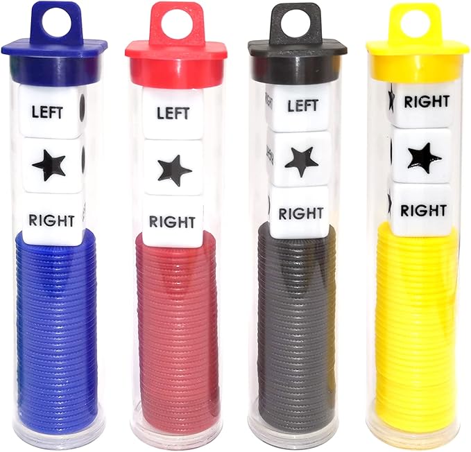 Left Right Center Dice Game Prime Set Bundle with 3 Dices + 36 Chips. Round Tube Storage is Very Convenient for Travel. Easy to Store, Carry Around. (4 Pack)