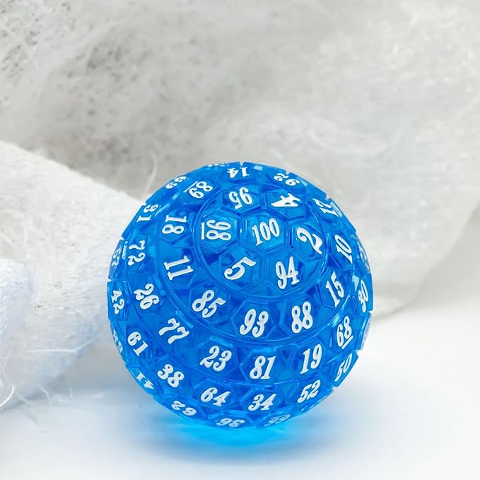 100 Sided Polyhedral Dice, Single D100 Game Dice, 100 Sided Cube with Black Pouch, D100 die 48 mm (Blue with White Number)