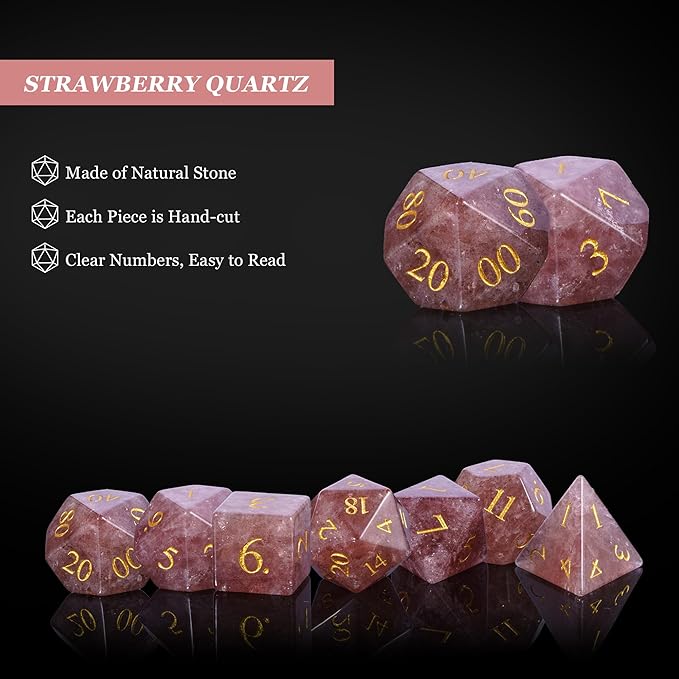 UDIXI Strawberry Quartz Gemstone Dice Set, Stone DND Dice Set for Dungeons and Dragons, D&D Dice for Role Playing Games (Strawberry Quartz)