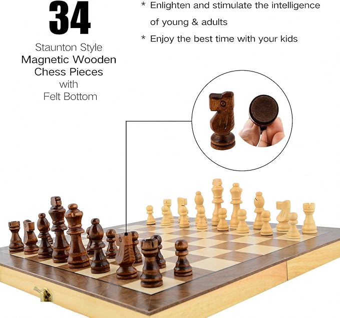 LEAP Wooden Chess Set Magnetic Travel Size 11.5" Inches - 2 Extra Queens - Magnetic Folding Board, Handmade Portable Travel Chess Board Game Sets with Pieces Storage Slots - All Adults and Beginner