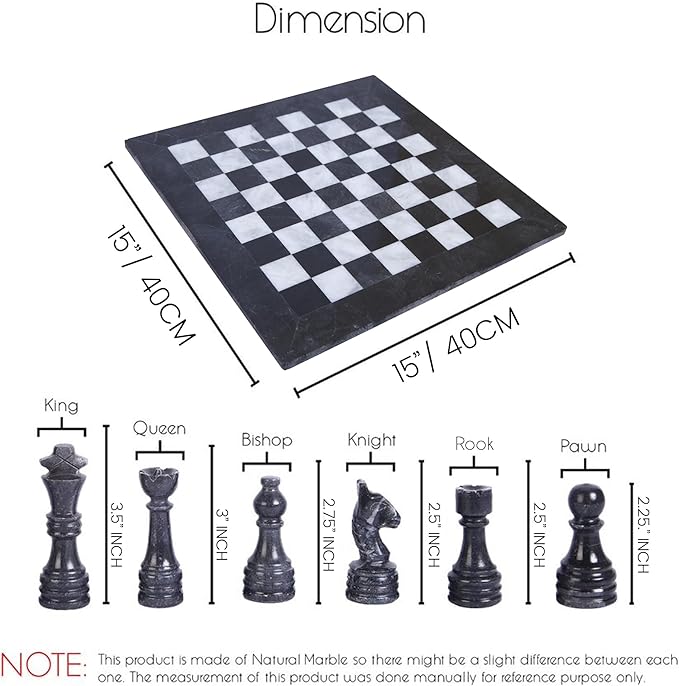 15 Inch Luxury Chess Set Classic Chess Boards for Adults with Handcrafted Stone Board & Marble Chess Pieces Ideal for Home Decor (Black & White)