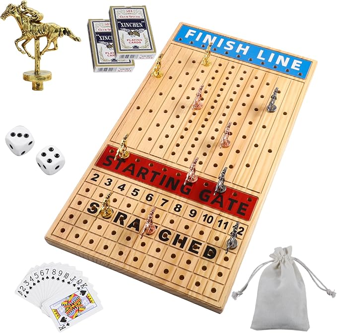 21 in Large Horse Racing Board Game Comes with 11 Luxurious Metal Horses, 2 Dice and 2 Boxes of Cards Solid Wood Horse Racing Board Color Box Packaging Finish Line Game Horse Racing Set (Log Color)
