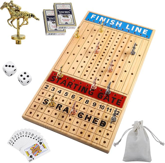 21 in Large Horse Racing Board Game Comes with 11 Luxurious Metal Horses, 2 Dice and 2 Boxes of Cards Solid Wood Horse Racing Board Color Box Packaging Finish Line Game Horse Racing Set (Log Color)