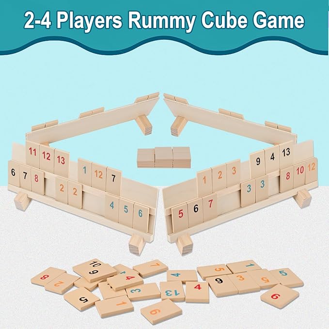 Wooden Rummy Cube Game with Portable Storage Bag, Travel Rummy Game Set with 106 Tiles, 4 Playing Rack, 1 Timer (2-4 Players)