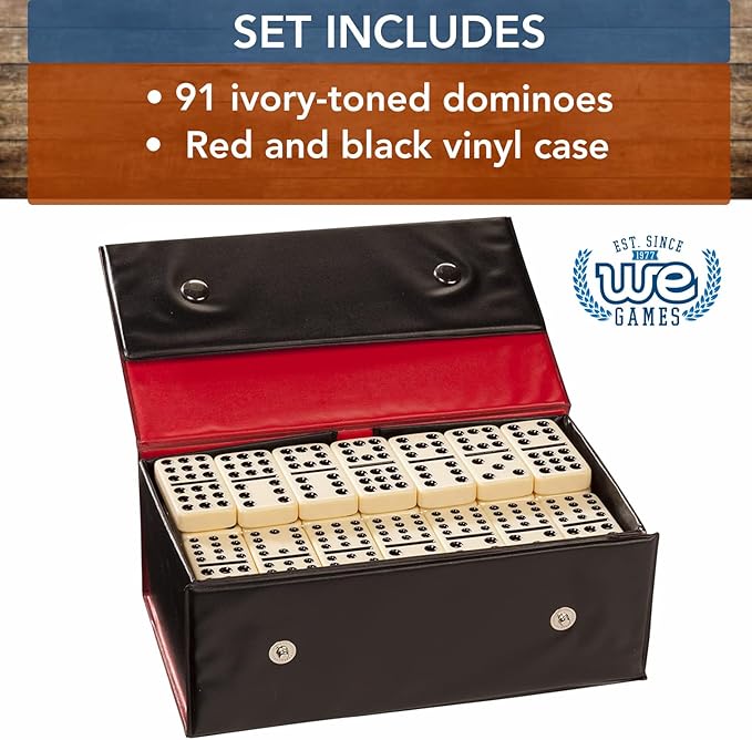 WE Games Double Twelve Dominoes Set - 91 Dominoes in Retro Travel Case - Ideal for Family Games - Perfect for Game Night