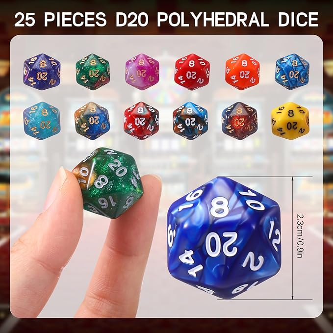 TecUnite 25 Pieces Polyhedral Dice Set with Black Pouch for Other Table Games with Random Multi Colored Assortment (Mix Color,20 Side)