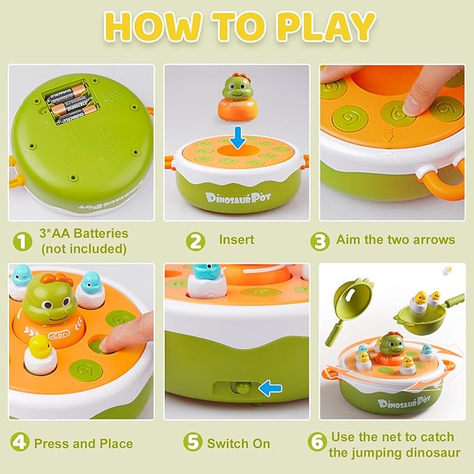 4-in-1 Dinosaur Pop Up Board Games for Toddlers, Magnetic Fishing Game Tic Tac Toe Bowling Toys, Rotate Music Dino Bounce and Catch Game, Family Games for Kids 3-5 4-8 Boy Girl