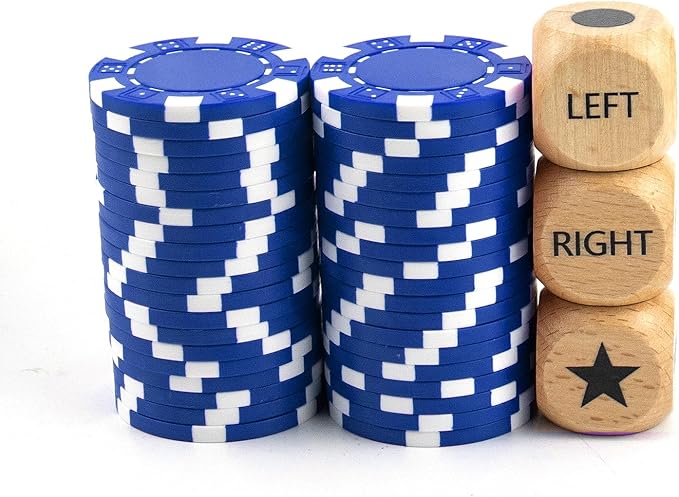 Left Right Center Dice Game Set, Upgrade Right Left Center Dice Game Set with 3 Pcs Beech Wood Dices + 40 Pcs Blue Poker Chips