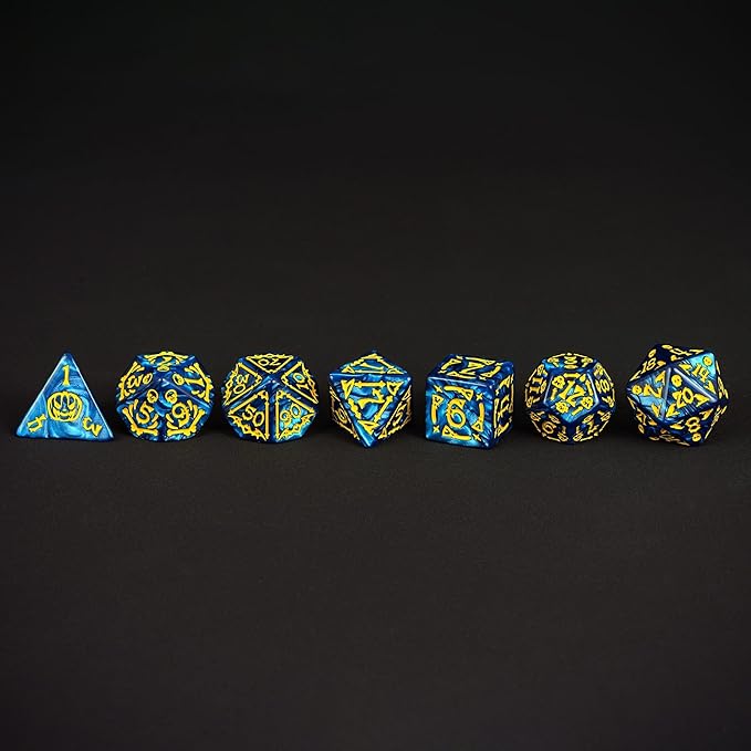 7-Die DND Dice Set Halloween Pattern Polyhedral Dice Set with Leather Bag, Skull Dice D&D Dice Set for Dungeons and Dragons RPG Table Games (Halloween Pattern-Blue)