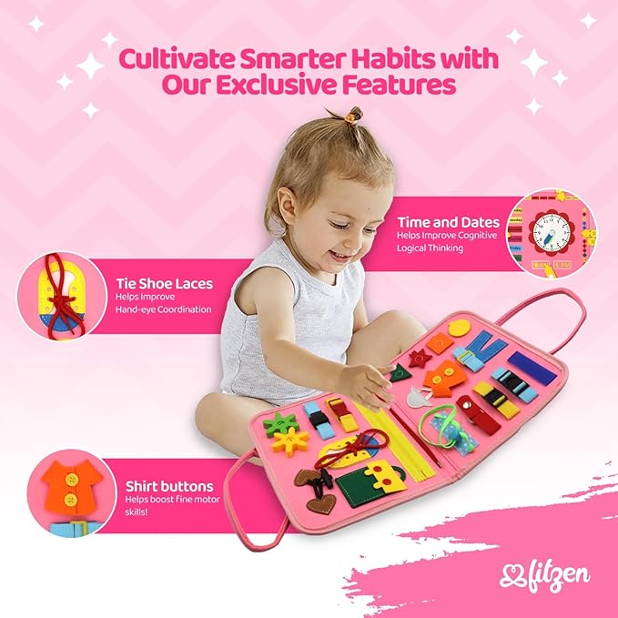 Busy Books for Toddlers 1-3 Year Old - Baby Activity Board for Toddlers 1-3 Travel Toys for Airplane, Car Gift for Boys Girls, Educational Montessori Board to Develop Fine Dress Motor Skills