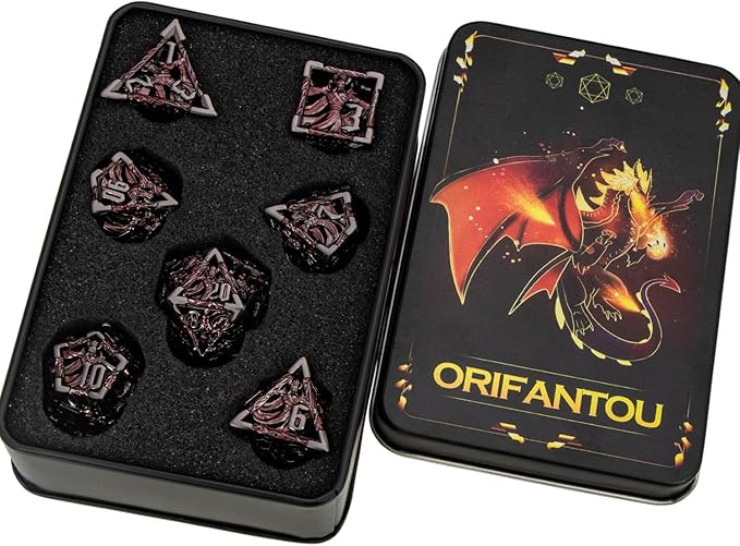 Hollow DND Dice Set Metal Wizard Dice with Box, 7pcs Red Black Polyhedral D and D Dice for use with D&D RPG Tabletop Games Role Playing Game