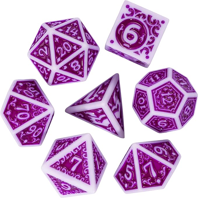 7-Die DND Dice Set New Pattern Polyhedral Dice Set with Leather Bag D&D Dice Set for Dungeons and Dragons RPG MTG Table Games(White Purple)