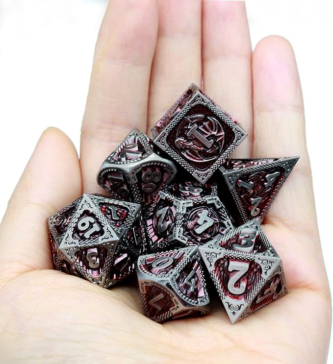 Haxtec DND Dice Set Metal D&D Dice Set with Leather Dice Bag Antique Iron Red Metal Polyhedral Dice for Dungeons and Dragons TTRPG Gifts