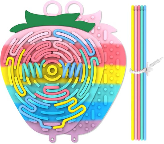 Silicone Sensory Activity Board,Double-Sided Busy Board for Fine Motor Skill,Fidget Toy for Calming, Stress, Anxiety, ADHD , Autism , Silent, No Mess , Kids 3+ & Adults(Strawberry,Colorful)